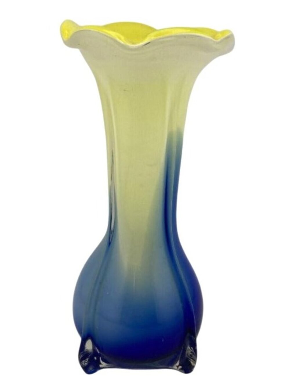 Murano-Style Yellow & Blue Gradient Art Glass Vase With Flared Ruffled Rim